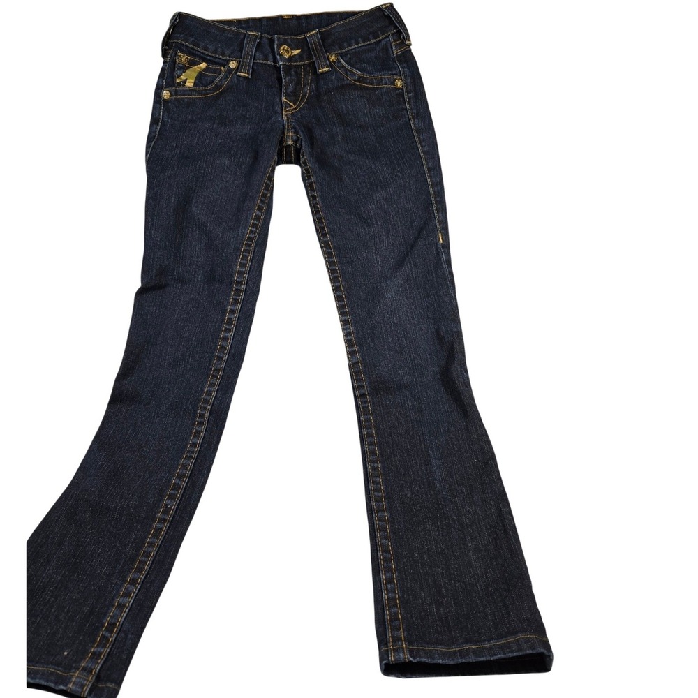 True Religion Billy Dark Wash Metallic Gold Horseshoe Straight Leg Jeans Size 25